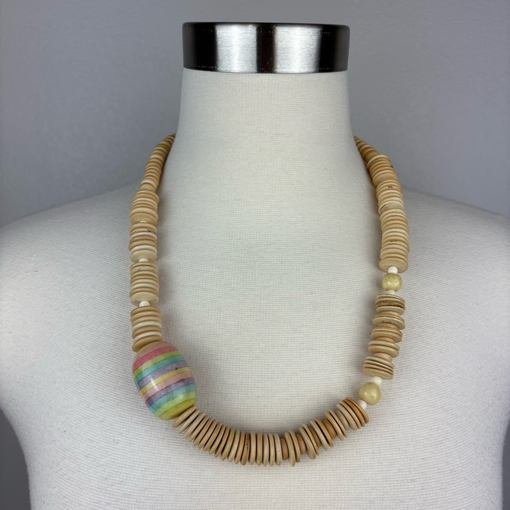 Vintage 1980s Light Wood Disc and Bead‎ Necklace Pastel Rainbow Boho Eclectic